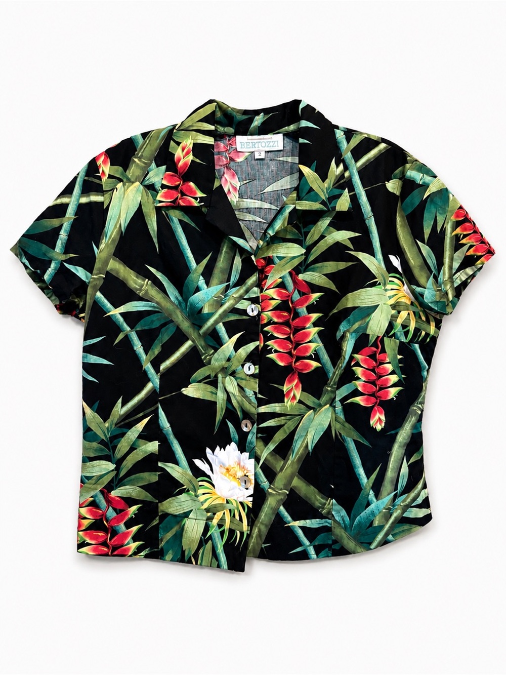 Linda Bertozzi Vintage Tropical Bamboo Floral Crop Shirt Sz 2